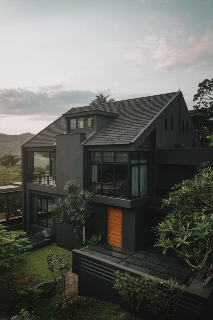 Dark Two-Story with Contrasting Wood Door