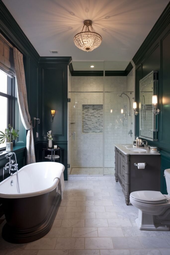 A bathroom with dark green paneled walls, a chandelier, and a glass shower.