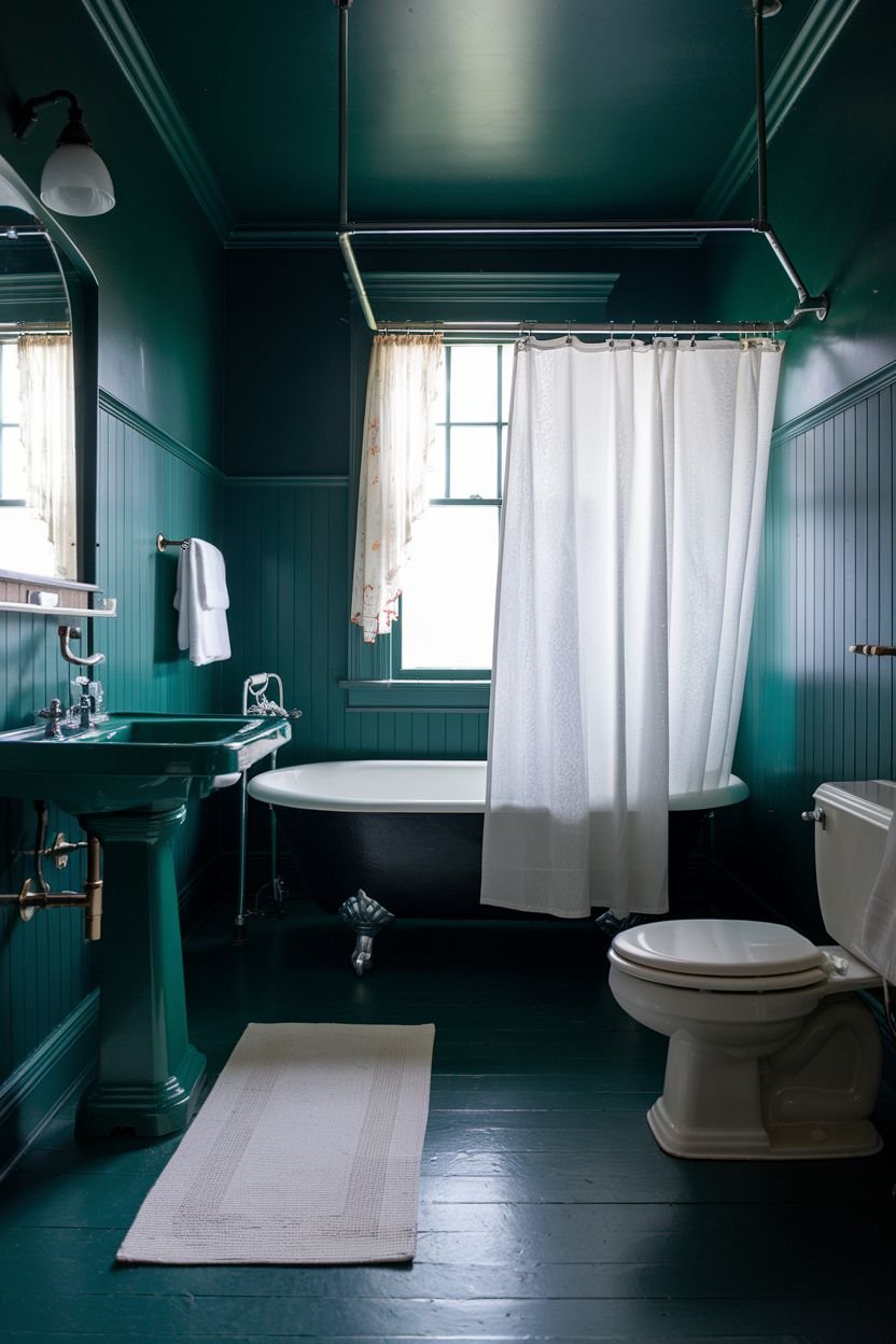 A bathroom with dark green wood paneled walls, a white shower curtain, and a clawfoot tub.