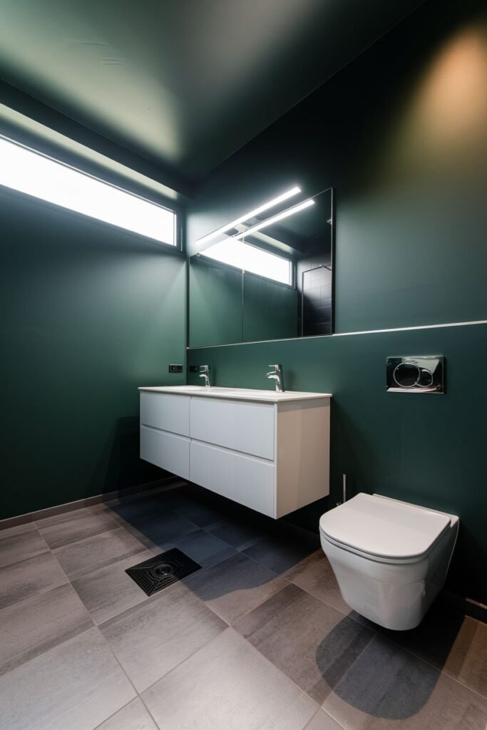 A bathroom with dark green walls, a floating white vanity, and a large mirror.