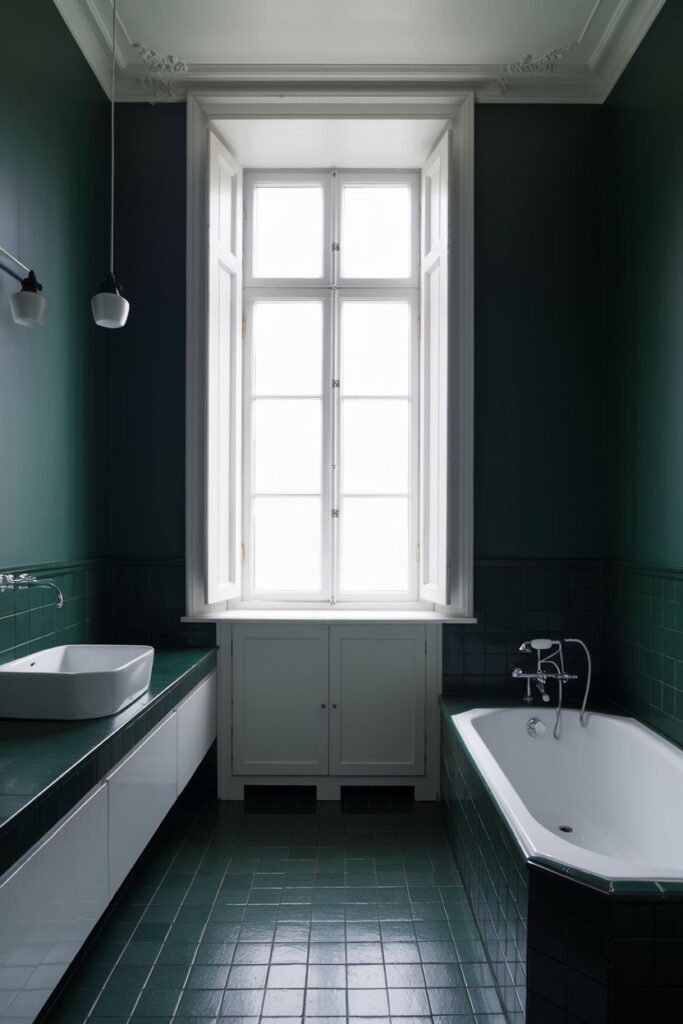 A bathroom with dark green walls and floor tiles, a white tub, and a white sink.