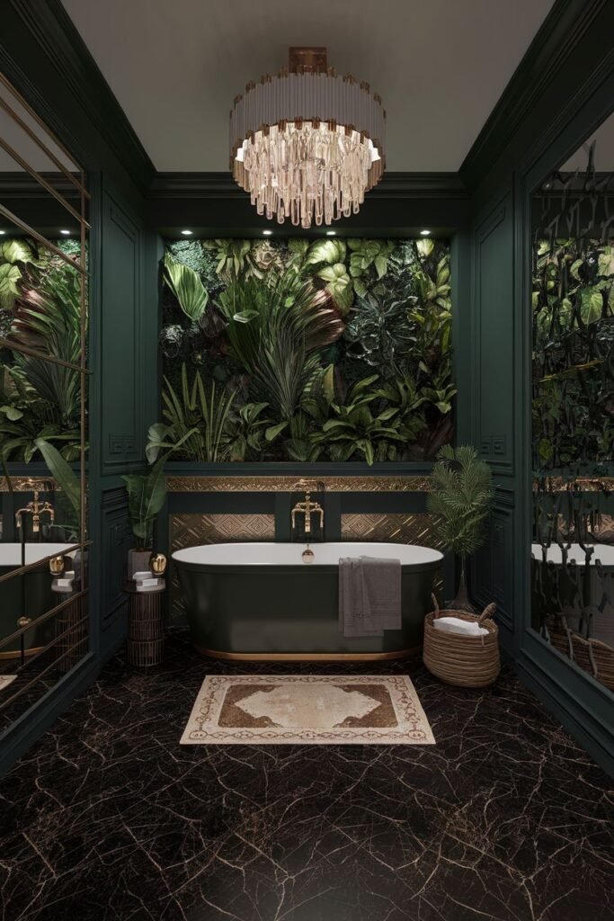 A bathroom with dark green walls, a living wall of plants, and a chandelier.