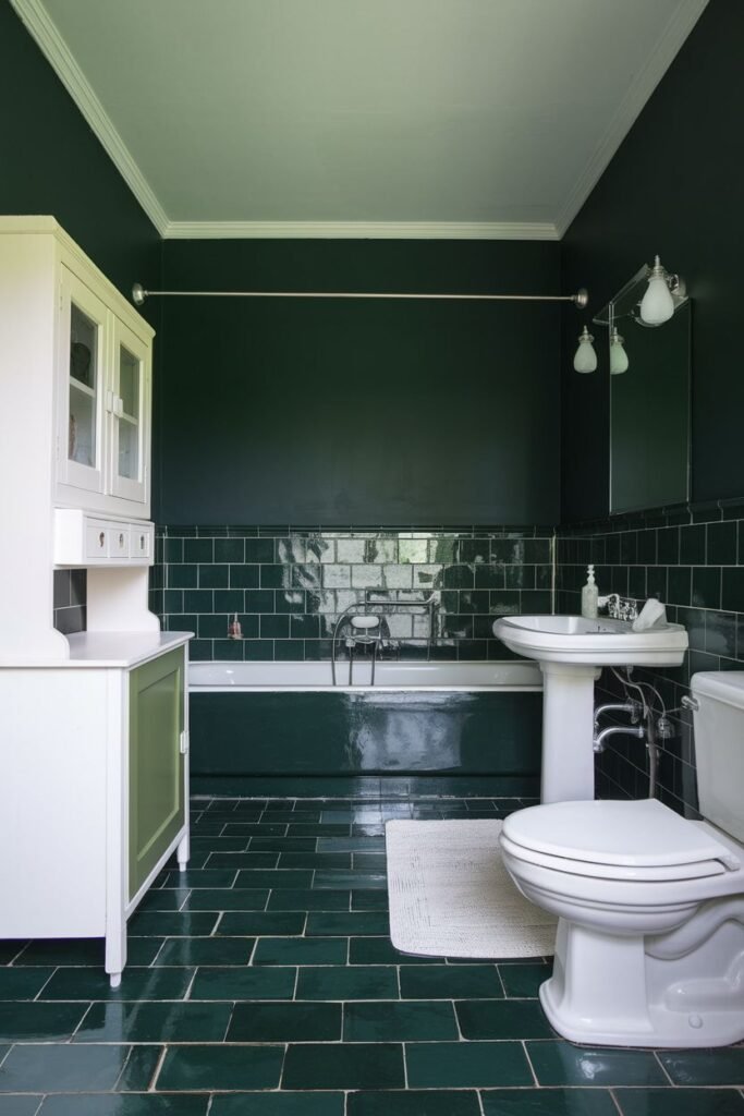 A bathroom with dark green walls, a white cabinet, and green tiles around the bathtub.