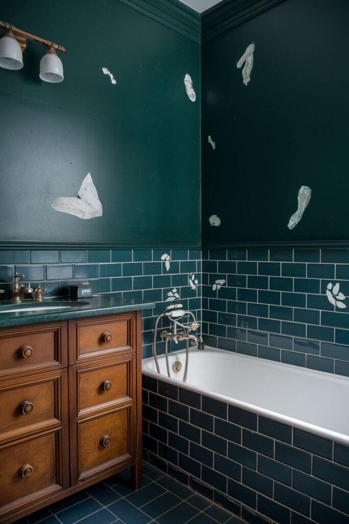 A bathroom with dark green walls, silver accents, and a blue tiled bathtub.