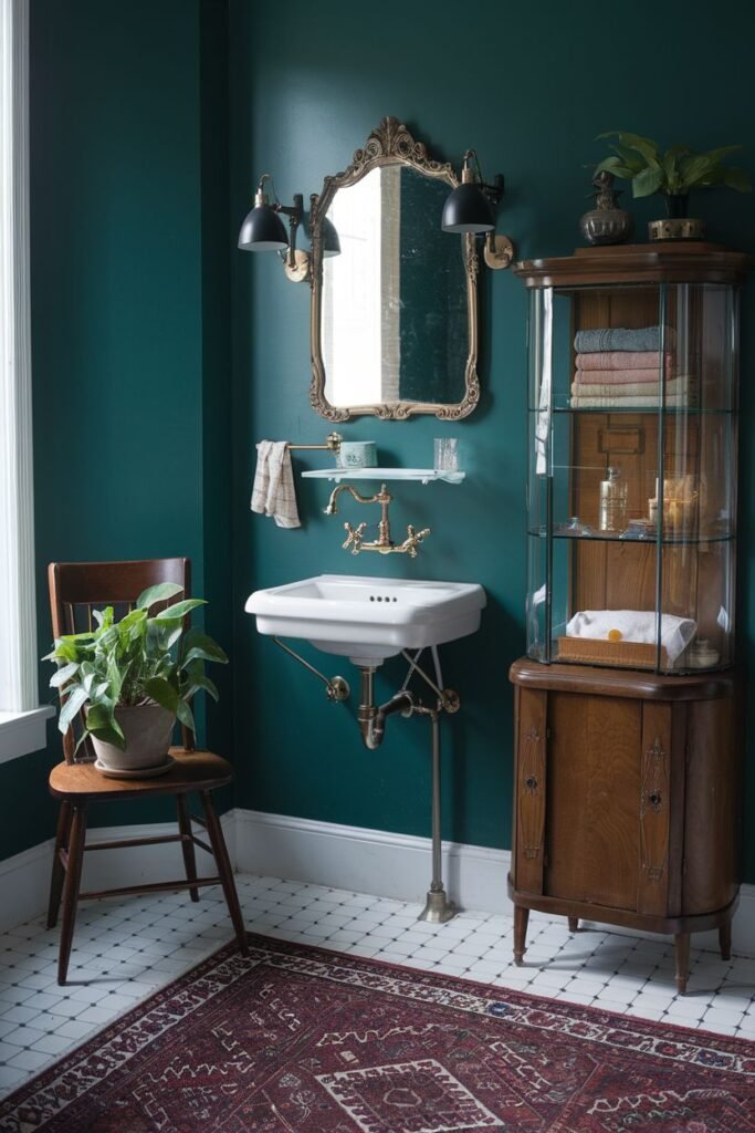 A bathroom with dark green walls, a vintage mirror, a sink, and a red patterned rug.