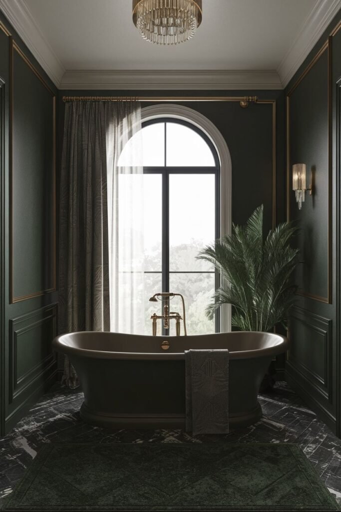 A bathroom with dark green walls, gold trim, a chandelier, and a large arched window.