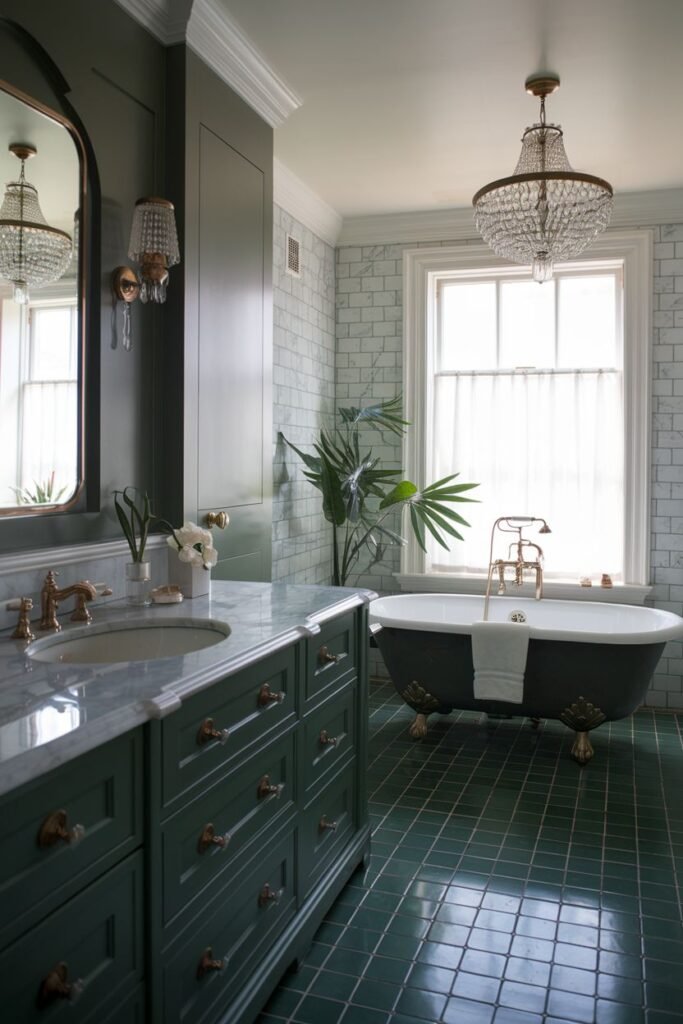 A bathroom with dark green cabinets, a chandelier, and a clawfoot tub.