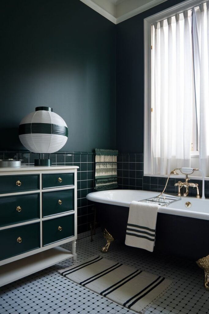 A bathroom with dark green walls, a paper lantern, and a black and white rug.