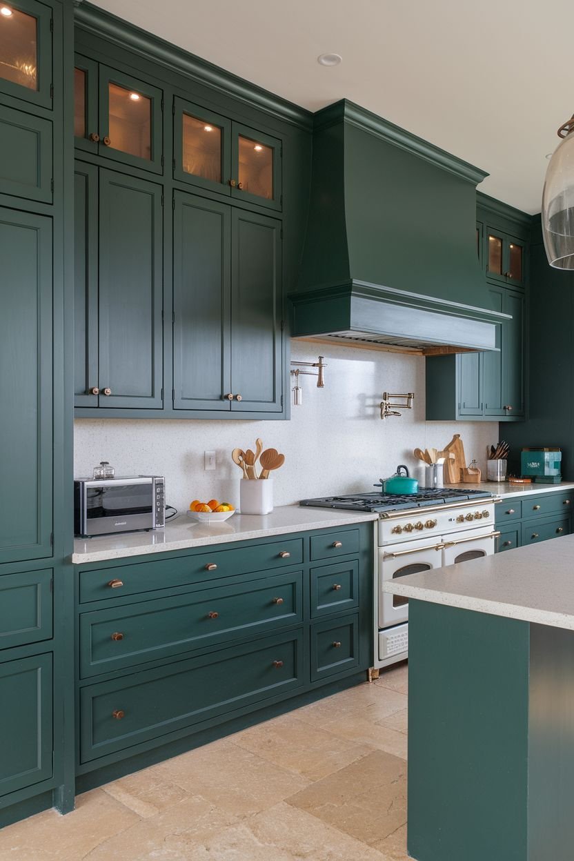 A kitchen with dark green cabinets, a white backsplash, and glass-fronted upper cabinets with interior lighting.