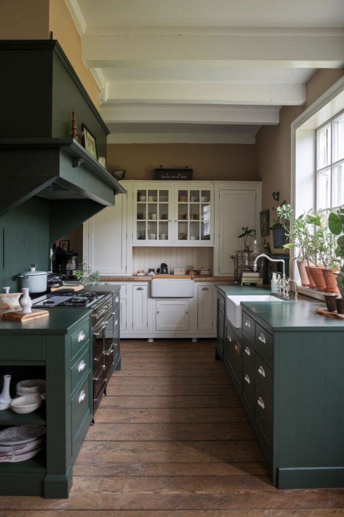 A kitchen with dark green cabinets, light countertops, a farmhouse sink, and wood flooring.