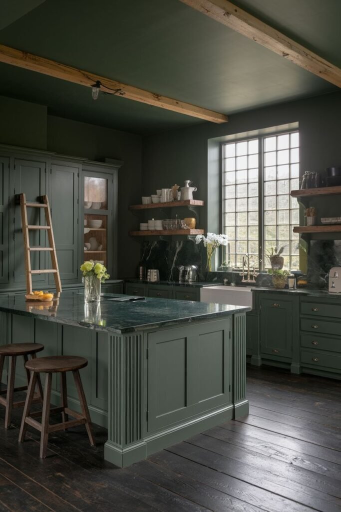 A kitchen with dark green cabinets, wood beams, a marble countertop and a wood floor.