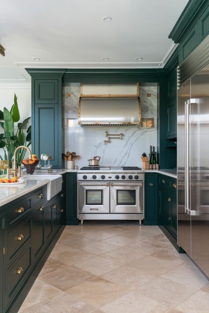 A kitchen with dark green cabinets and a marble backsplash, stainless steel appliances, and a light stone floor.