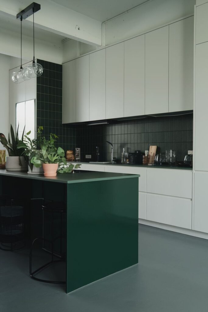 A kitchen with white upper cabinets, a dark green island and dark green tiled backsplash.