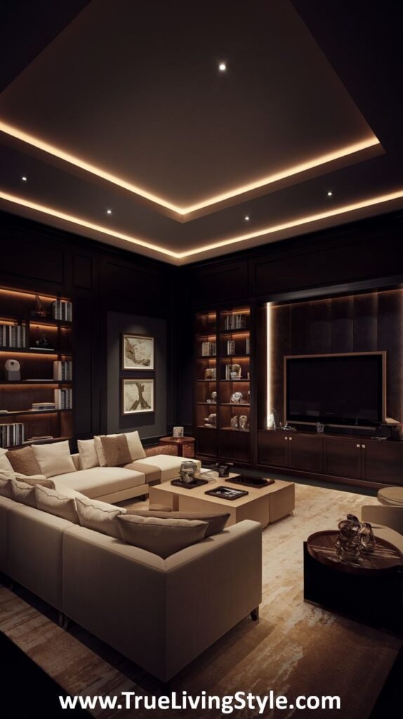 A contemporary living room with dark walls, a light-colored sectional sofa, and recessed lighting.