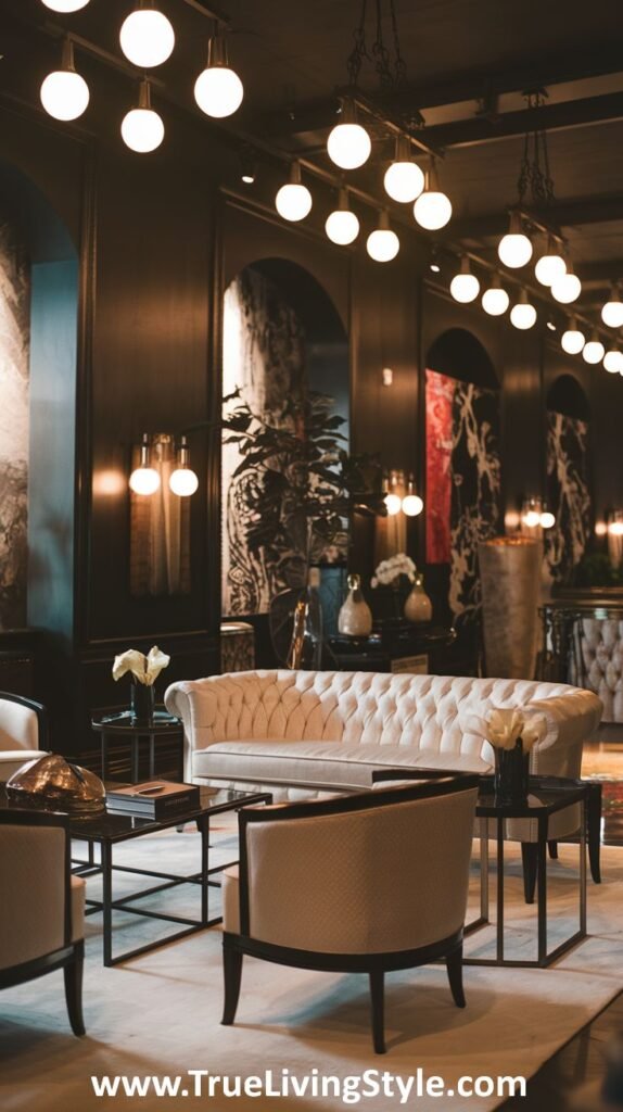 An elegant living room with dark walls, a white tufted sofa, and globe lights.