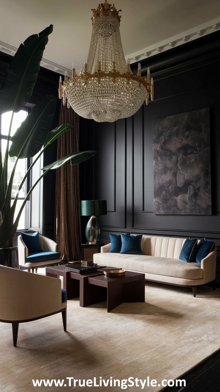 A sophisticated living room with dark walls, a light-colored sofa, and a crystal chandelier.