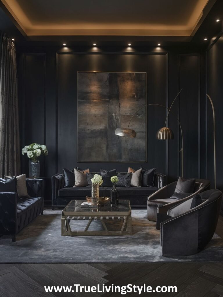 A luxurious living room with dark walls, black furniture, and a large painting.