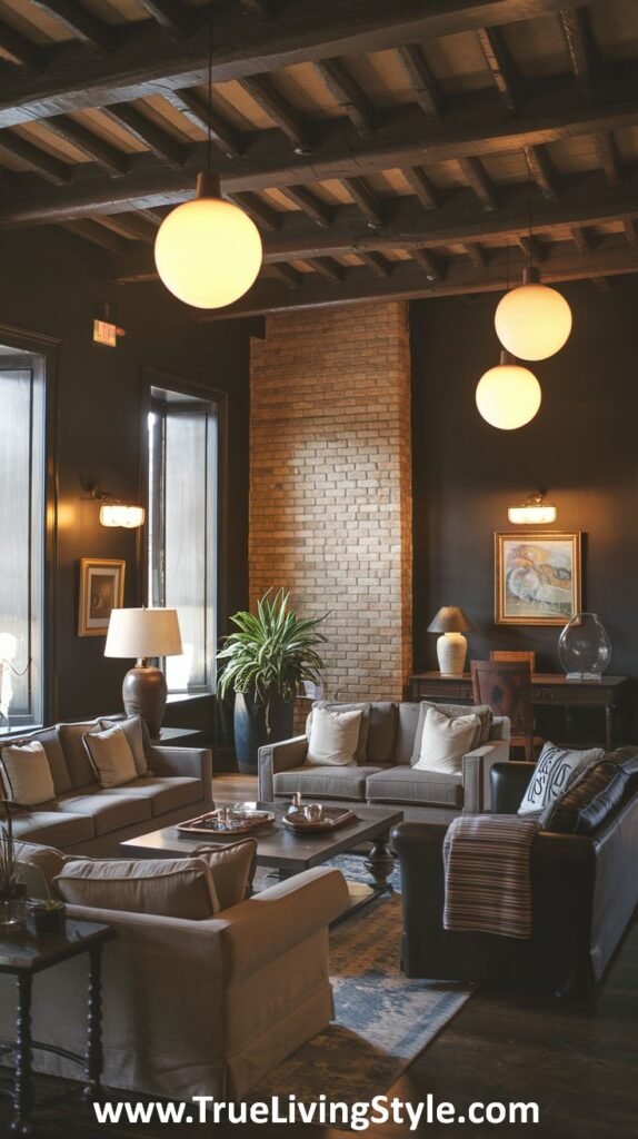 A rustic living room with dark walls, gray sofas, and exposed brick.