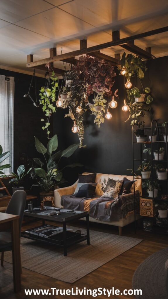 A bohemian living room with dark walls, a light-colored sofa, and hanging plants.