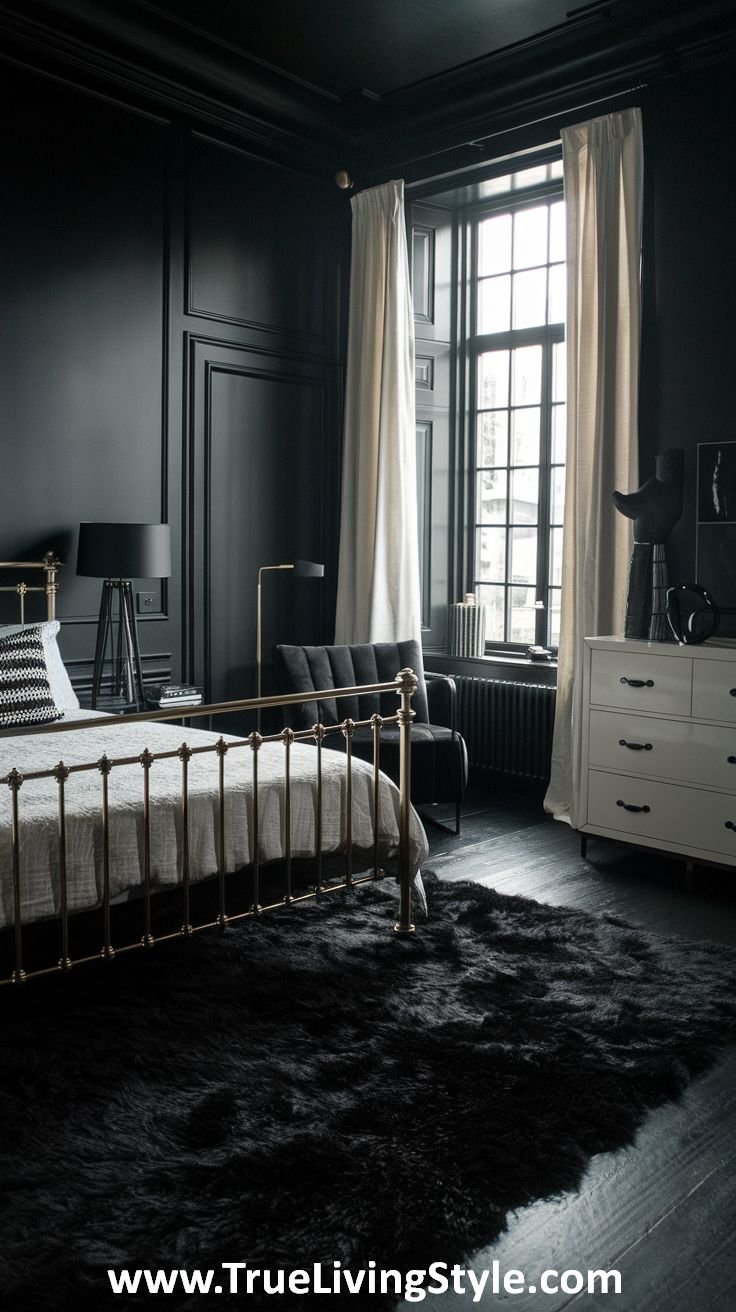 Dark bedroom with a light rug on the floor to create contrast and brighten the space.