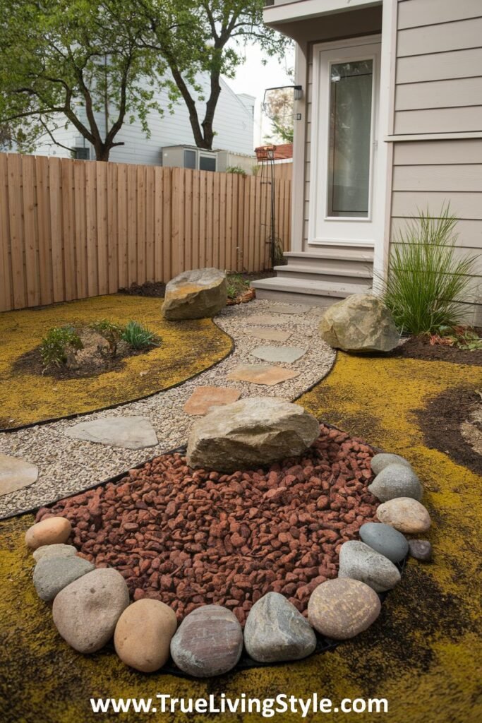 A garden featuring a stone and gravel pathway leading to a seating area with a ring of stones.