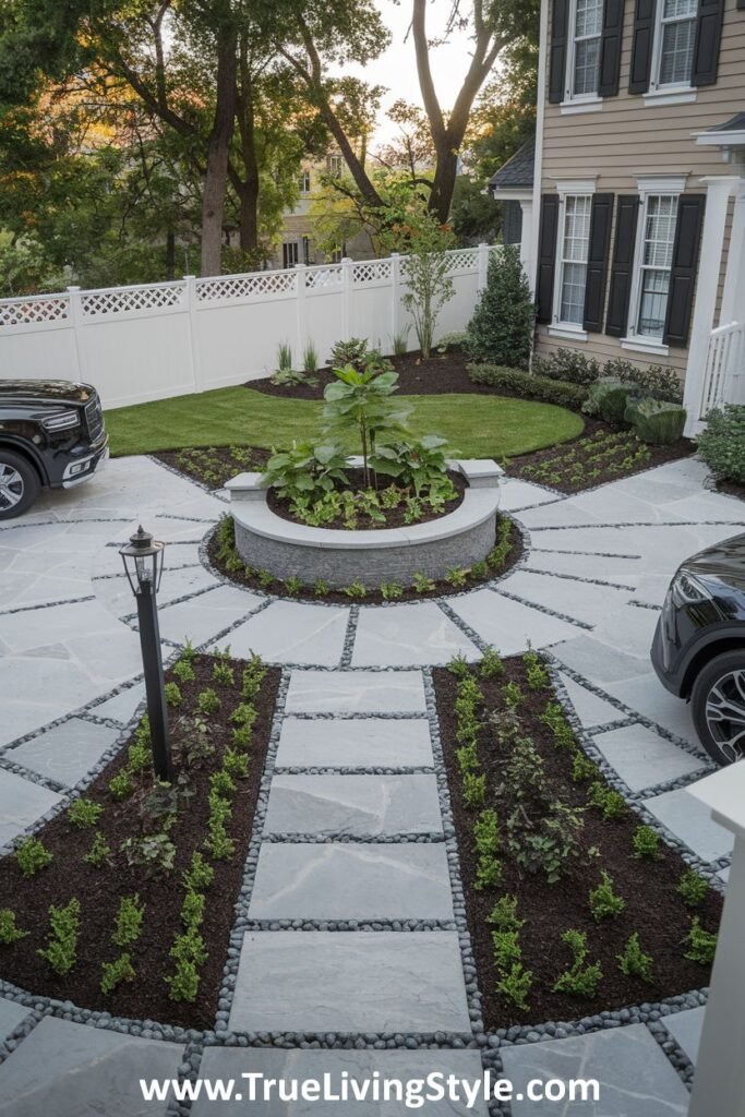 A circular garden bed with plants in the middle of a stone paver driveway.