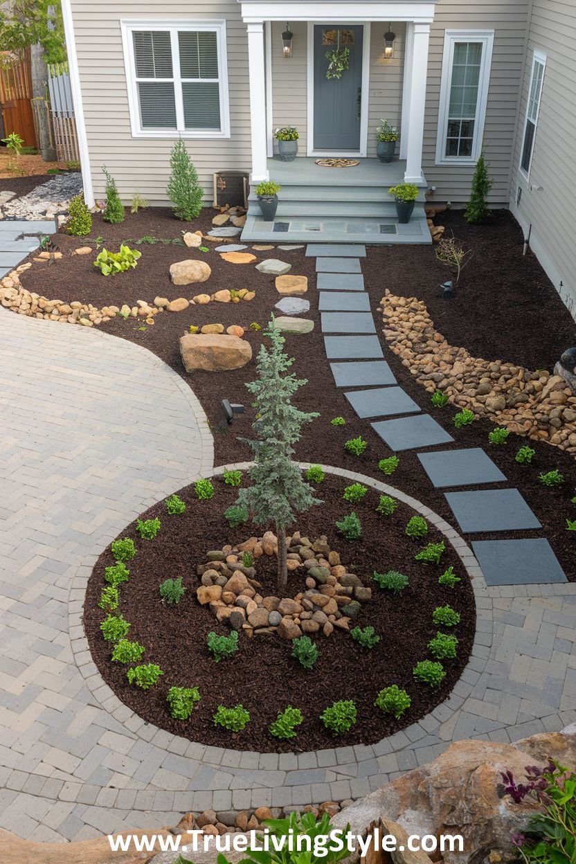 A front yard featuring a circular garden bed with a tree, a stone pathway, and various plants.