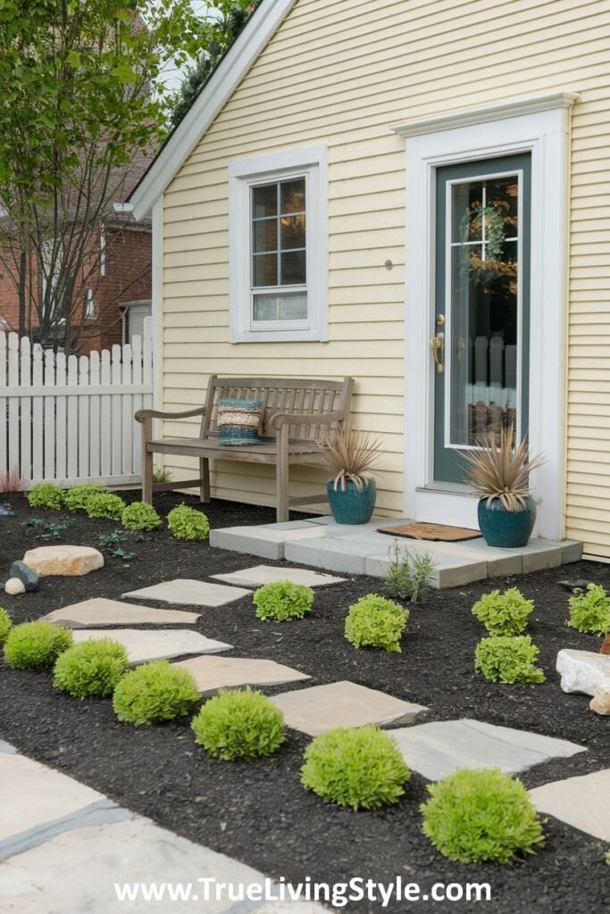 A front yard featuring a stone pathway, a bench, and various plants alongside a house.