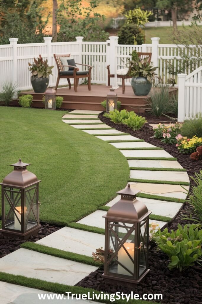 A curved stone pathway with lanterns, set in a garden with grass and various plants.