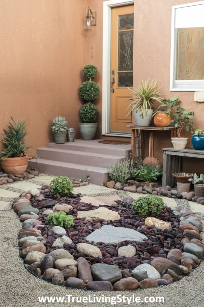 A garden featuring a circular rock arrangement, with various plants and gravel around a house entrance.