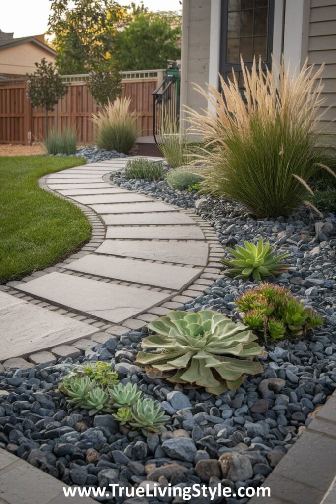 A curved stone pathway through gravel, with various plants and greenery alongside a house.