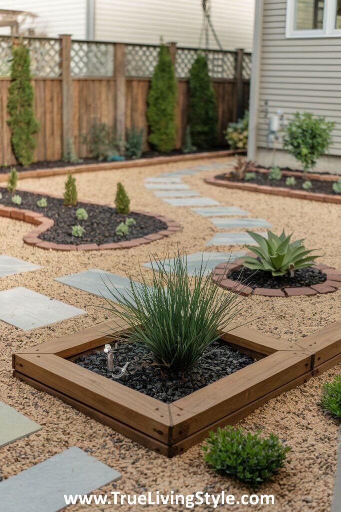 A garden featuring a gravel bed, stone pathway, and a wooden planter box.