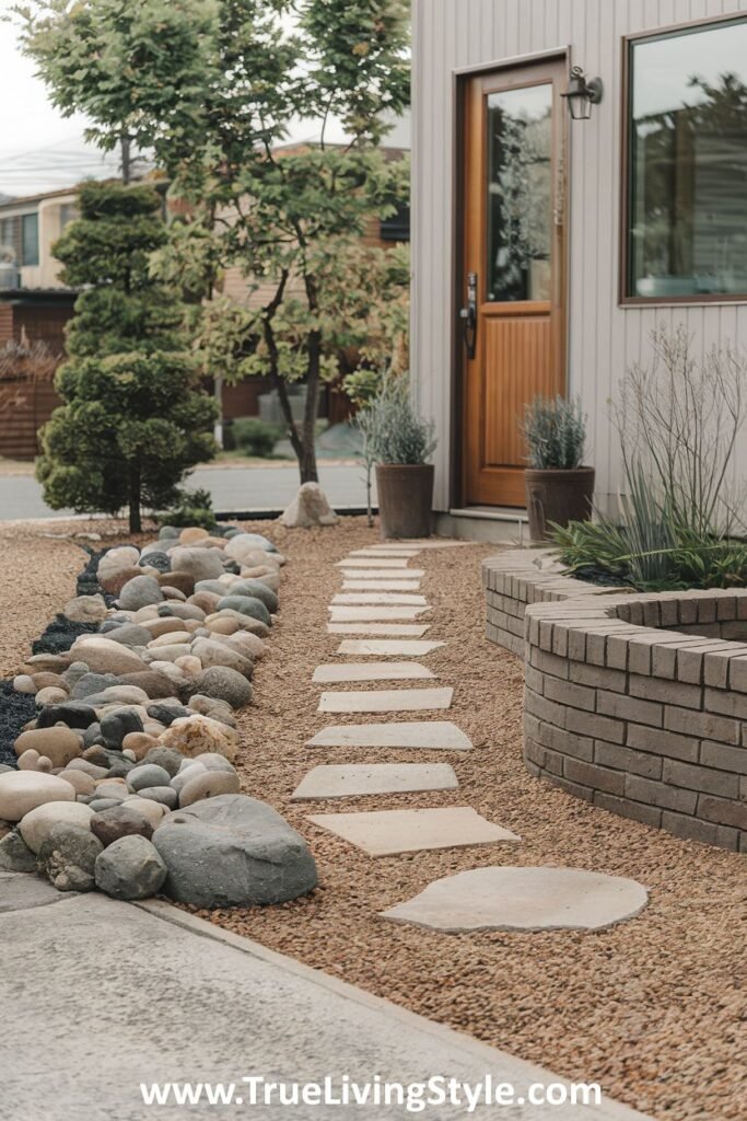 A stone pathway through gravel, with a rock garden and a brick structure.