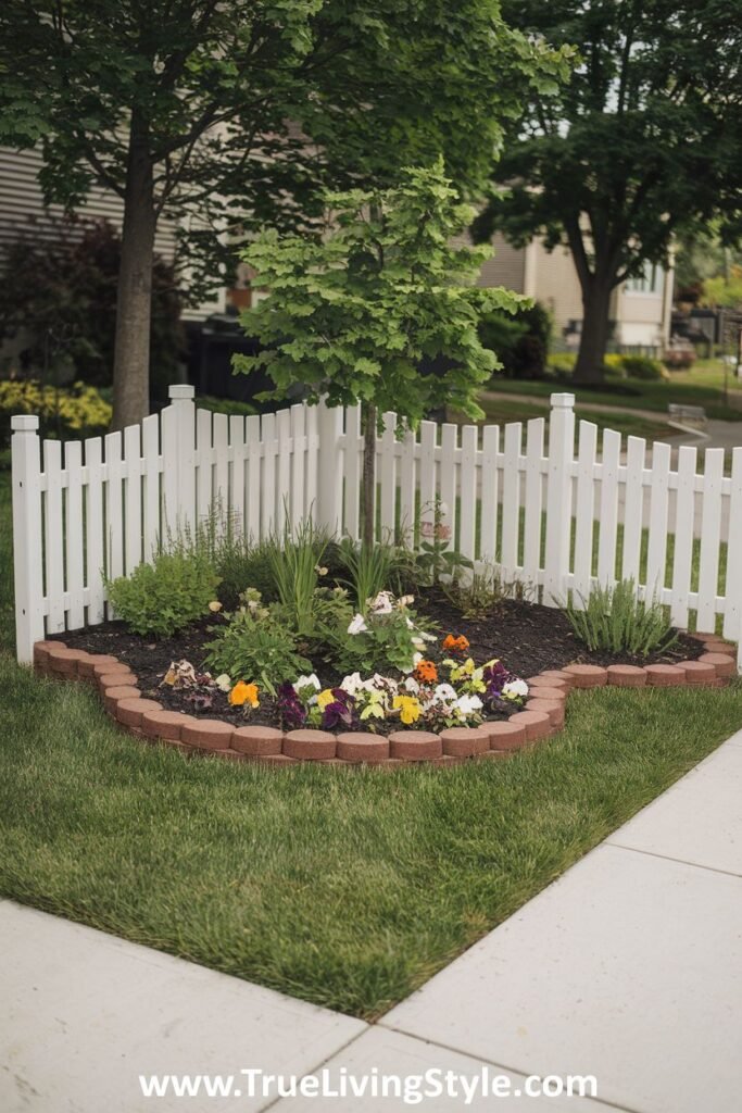 A corner garden bed with flowers and plants, enclosed by a small white picket fence.