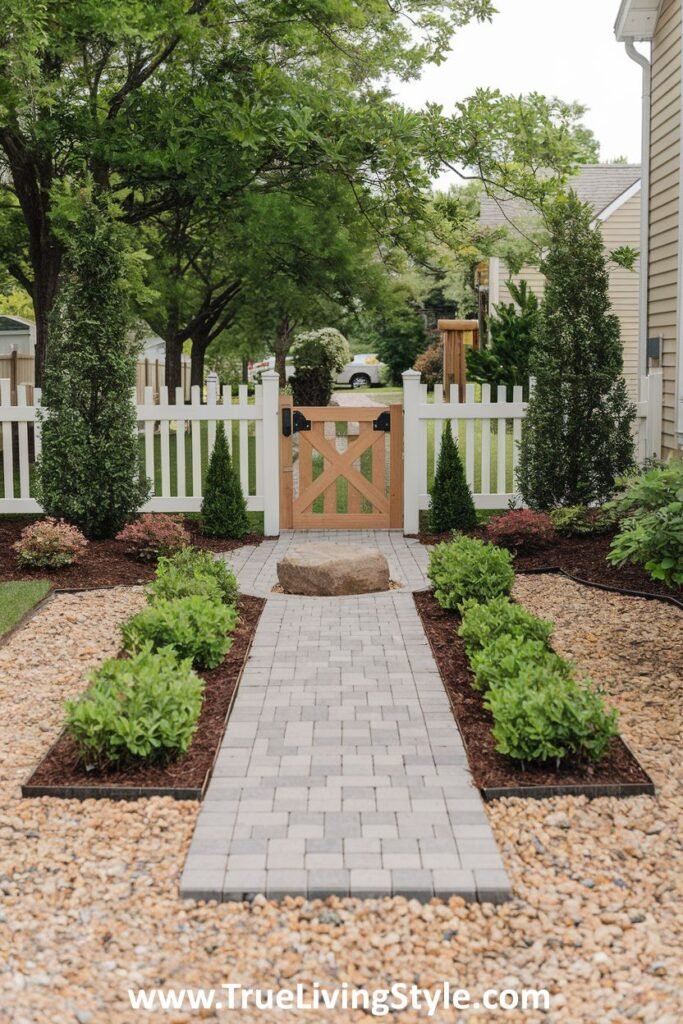 A stone pathway through gravel, with greenery on either side, leading to a wooden gate.