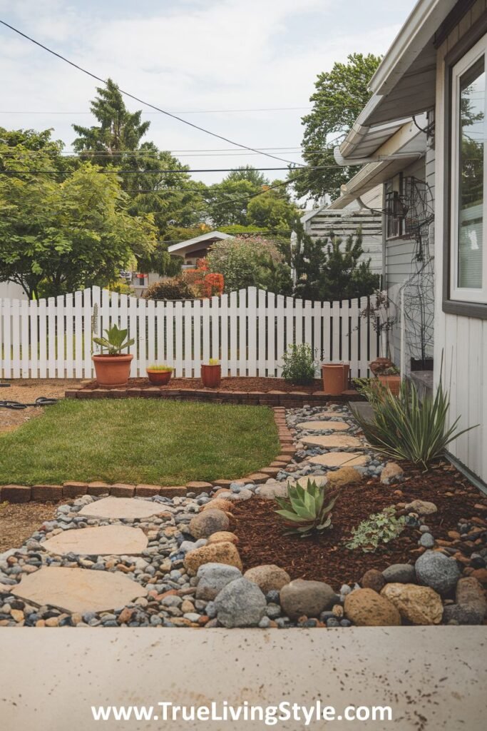 A garden featuring a stone pathway, lawn, and garden bed with various plants.