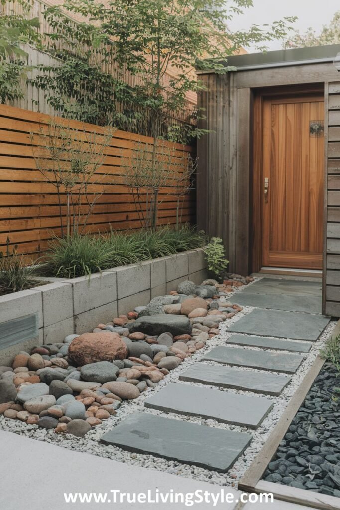 A stone pathway through gravel and rocks, with a raised garden bed.