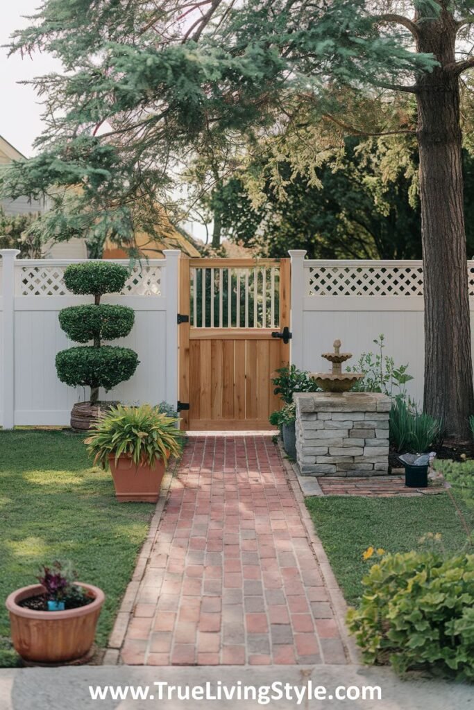 A brick pathway leading to a wooden gate in a white picket fence, with a stone water feature and various plants.