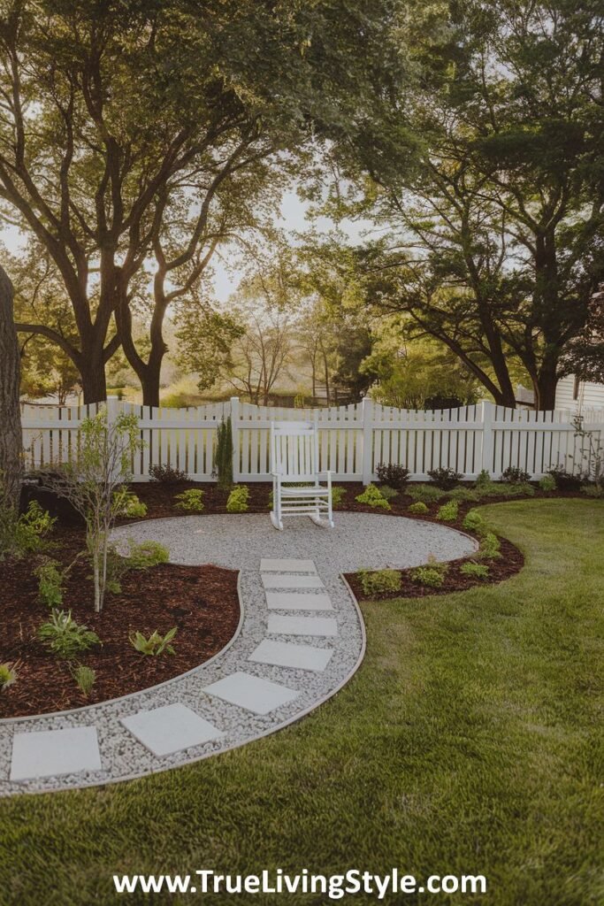 A stone pathway through gravel, with a white chair in the background and a white picket fence.