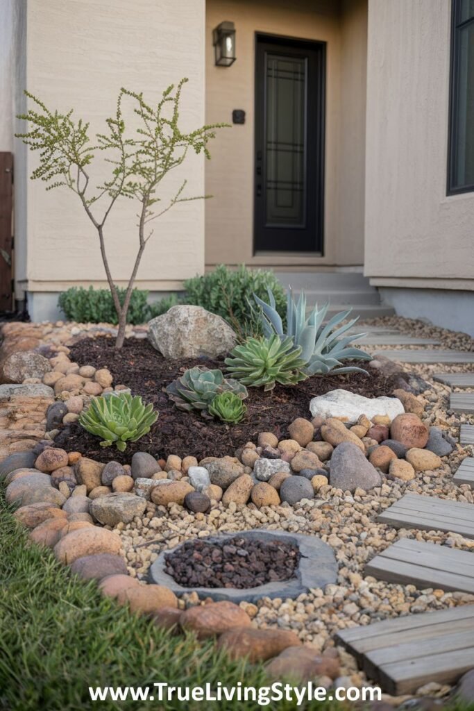 A garden featuring rocks, gravel, and a stone fire pit, with various plants.