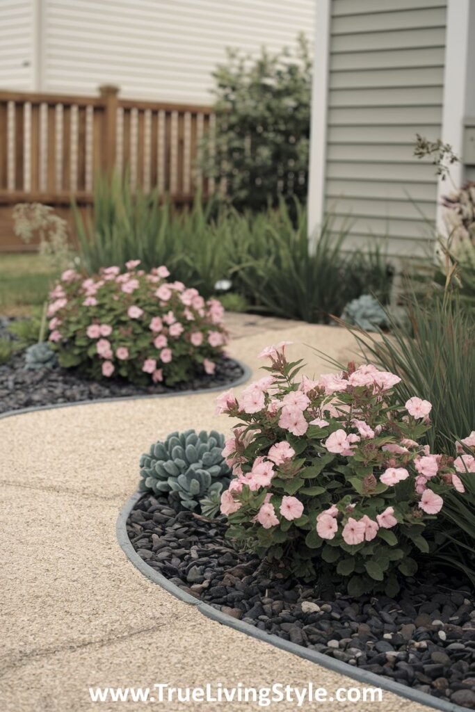 A gravel pathway bordered by black rocks, with flowering plants and succulents.