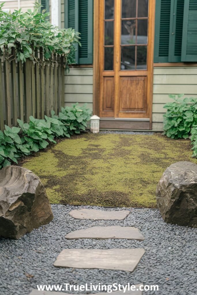 A stone pathway through gravel, with large rocks and greenery.