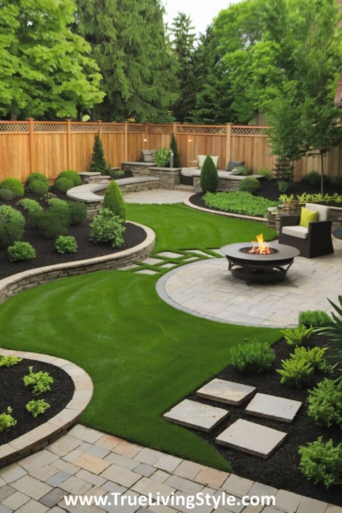 A professionally landscaped backyard with a curved lawn, stone pathways, and a fire pit with chairs.