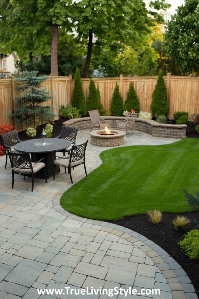 A well-maintained backyard featuring a circular stone patio with a fire pit and dining table, surrounded by a green lawn and garden beds.