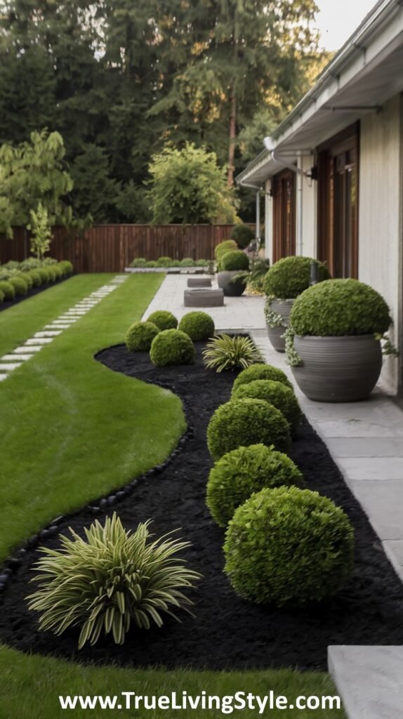 A neatly landscaped yard with a black mulch bed featuring round bushes, a strip of green lawn, and a stone pathway alongside a house.