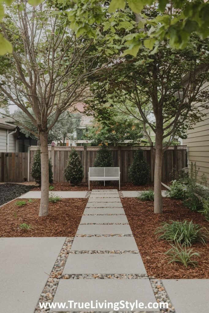 A backyard featuring a stone paver pathway with gravel, leading to a white bench between two trees.