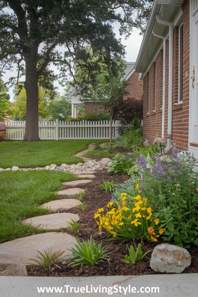 A stone pathway through a garden with grass, flowers, and various plants.