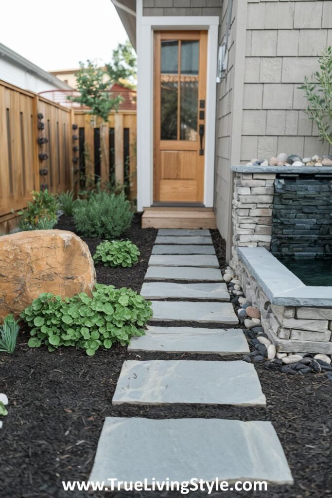 A stone pathway leading to a house entrance, complemented by dark mulch and various plants.