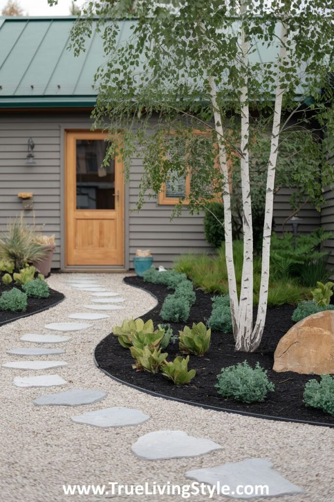 A winding stone pathway through gravel and mulch, with various plants and trees.