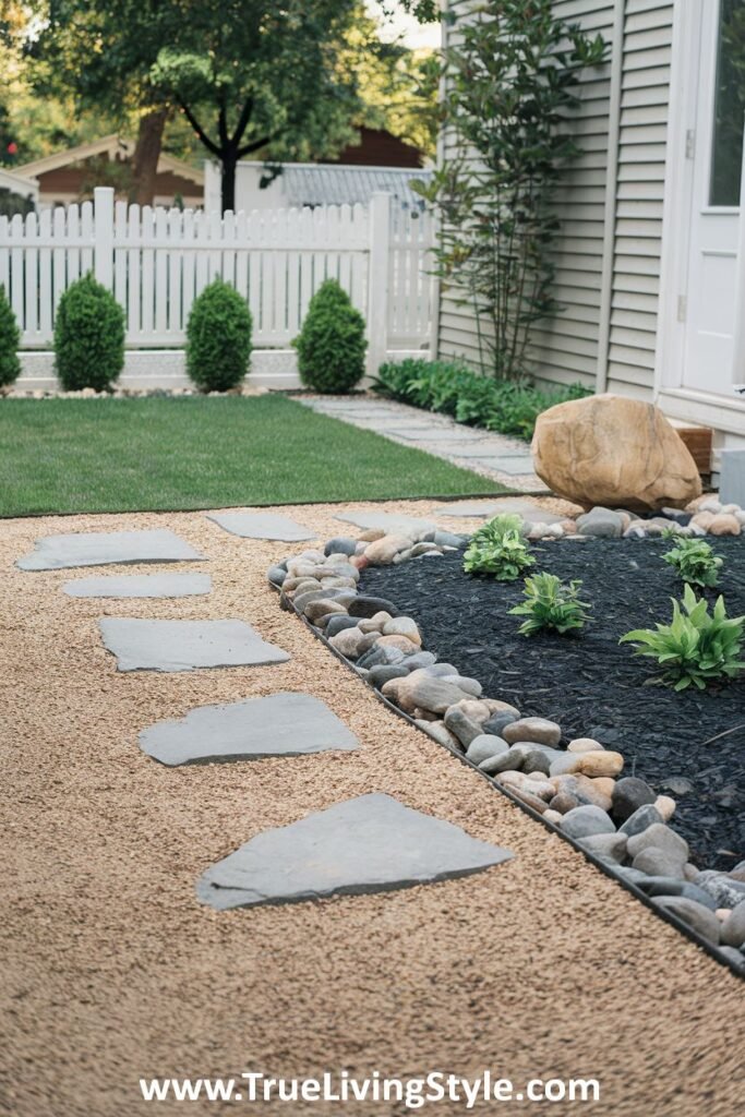 A stone pathway through gravel, with greenery alongside a white picket fence.